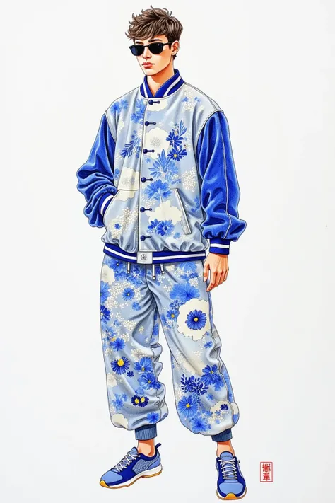 Full body fashion rendering, hand-painted renderings, Chinese fashion men's wear, male model wearing a China-Chic style sportswear, combining traditional Chinese patterns with trendy clothing, with an overall blue tone and a large amount of Chinese blue an...