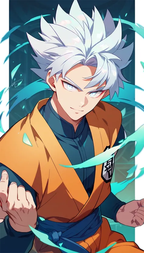 Goku MUI best aesthetic green white hairs white eyes silver auoroa vest wallpaper aesthetic goku