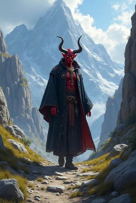 Tiefling red adult, wizard, d&d, adventurous, mountain