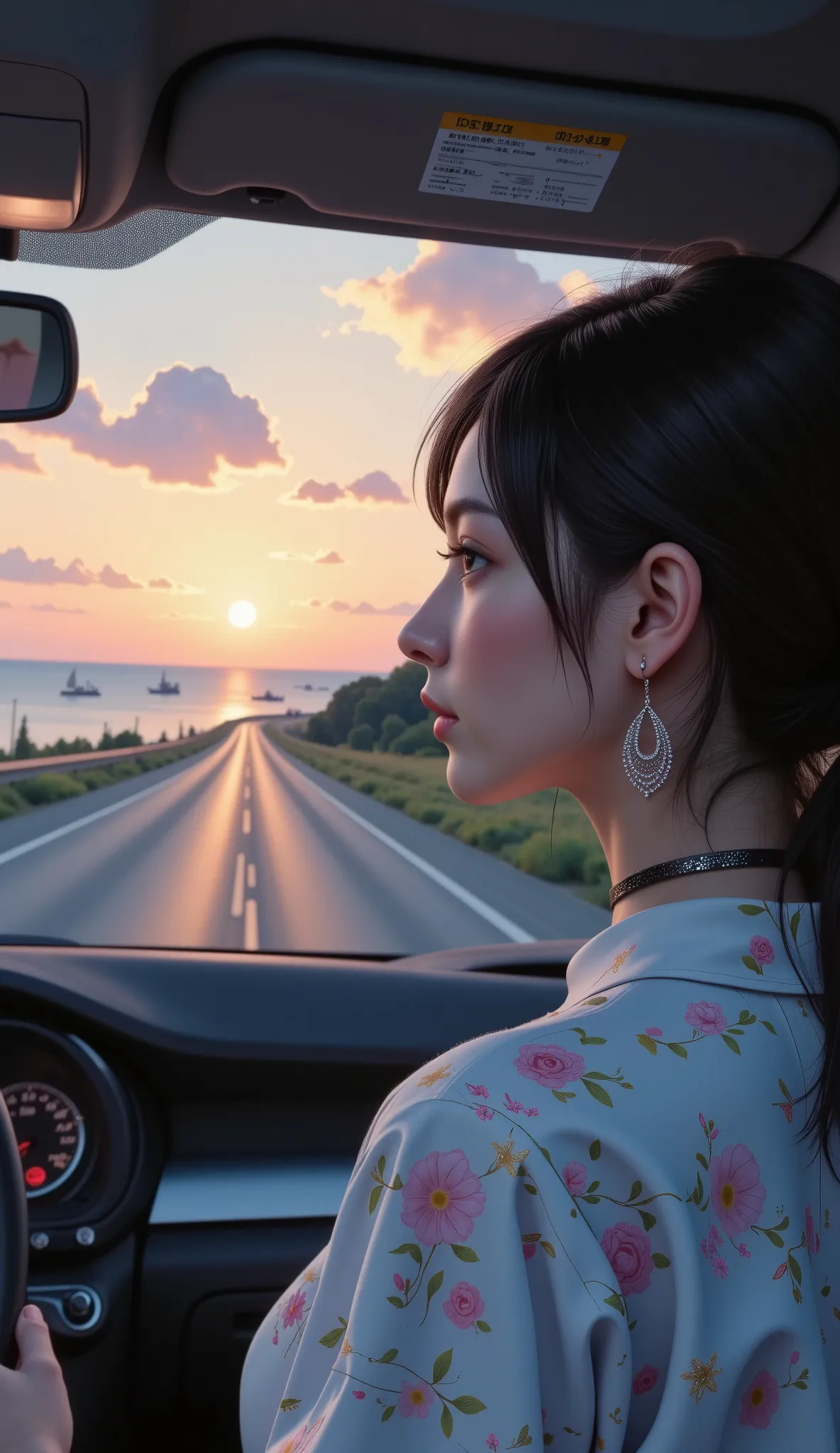 Road trip at dusk, Seen in profile centered image you can see the horizon and in the distance how the sun goes down at dusk, dreamlike beautiful image, the background is blurred by speed, in the distance you can see a horizon of the sea, with sailboats and...