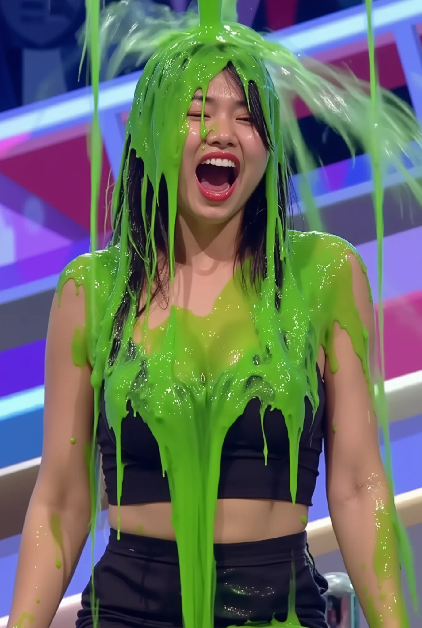 DSLR photograph. Korean college girl covered in green slime. (Photorealistic: 1.4). (Raw photo: 1.2). Gameshow background. Wearing sexy dress. Raining slime. Green slime. Cleavage. 21 years old. screaming. Korean girl. Korean. korean eyes. black hair.