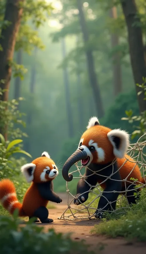 the red little panda saw the a little elephant baby was caught in a net and crying 