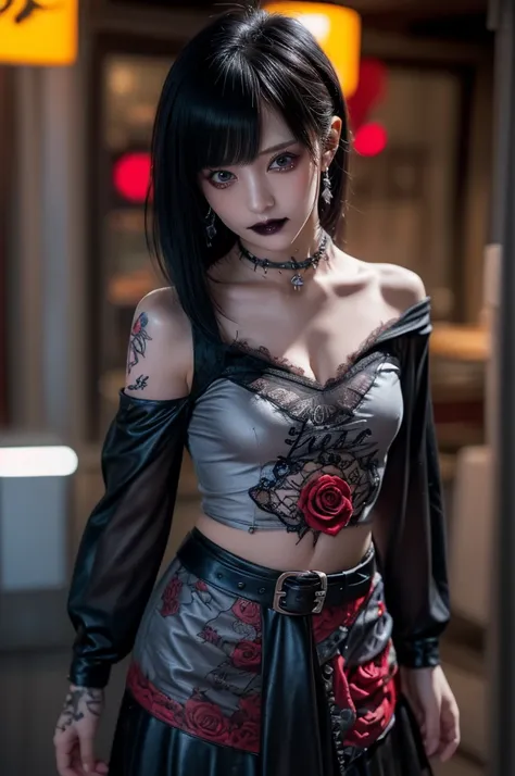 (((Gothic Punk))), 
(((cowboy shot:1.3))), from front, look at viewer, nsfw, 
1 girl, slender, (Big Breasts), 
(((The inside color is red, Gray Black Hair, hair ornaments))), 
(((Punk Shirt, Shoulder Bare, Neogoth, Goth Fashion:1.3))), 
(Cinematic lighting...