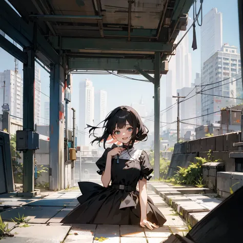 (best quality,cute girl), [Upper body, Happy], (dress), Punk fashion, Great view , Kowloon City, Nostalgic, [Post-apocalyptic] , Vtuber,