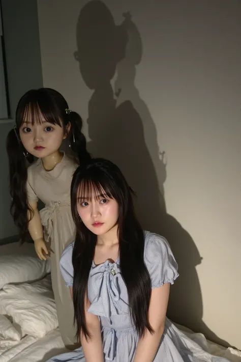 "A protagonist sitting on their bed in a dimly lit bedroom, frozen in terror. Behind them, a creepy vintage doll with empty eye sockets and a crooked smile stands silently, its shadow stretching unnaturally long on the wall. The moonlight streaming through...