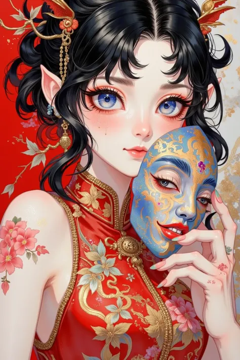 A stunning anime-style girl with black hair in an updo hairstyle. She is wearing a red and white Japanese-inspired dress. Her eyes have dark eyeliner makeup, and she is holding the side of a mask. Her face has tattoos, and she looks sad but beautiful as sh...