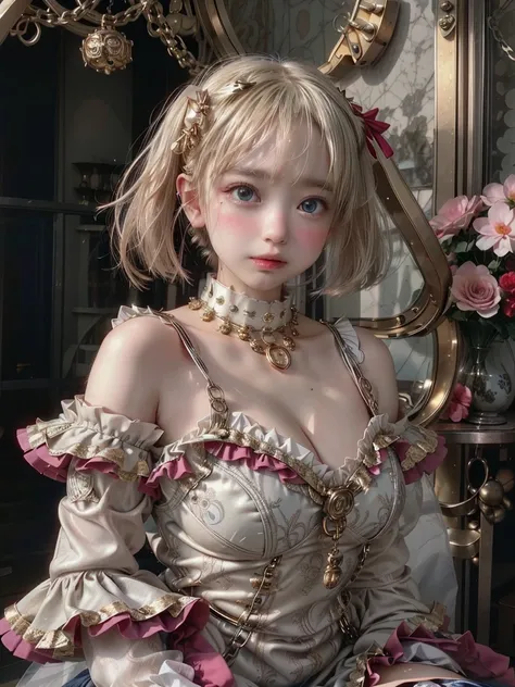 steampunk lolita mini dress、 platinum blonde hair、 straight short bob、round face、 Dark Blue Eyes 、 big eyes、 sagitales、 with his mouth slightly open 。 Luxurious metallic gold and dark red super mini dress、Skirt with lots of dark pink frills 、 stack 3 white...