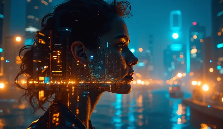  A hyper-realistic 35mm photography shot capturing the silhouette of a woman’s profile, seamlessly superimposed with a glowing metropolis at night. The city skyline stretches across her form in intricate reflections, creating a double exposure effect that ...