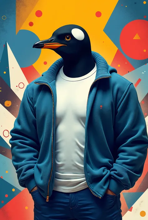 an anthropomorphic character with the body of a man dressed in a blue sweater and a white t-shirt that has a Penguin's head and in the background there are abstract geometric shapes from pop culture