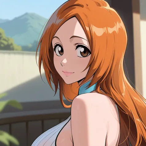 masterpiece, best quality, amazing quality, very aesthetic, absurdres, newest, scenery,highly detailed,high-resolution,female,woman,inoue orihime,bleach,orange hair,long hair,brown eyes,fair skin,glossy texture,pink lips,focused subject,sharp focus,medium ...