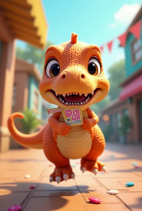 
create an image of a cute T-Rex puppy holding the party invitation with its teeth moving closer to the screen in 3D P