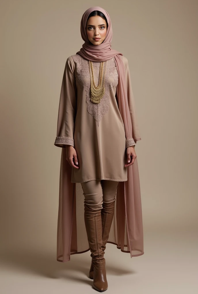 A beautiful woman is dressed in an elegant designer Salwar Kameez paired with fitted leggings. She wears a stunning, tight hijab that gracefully covers her head and hair, with the Salwar Kameez veil draped around her neck. Completing her look, she accessor...