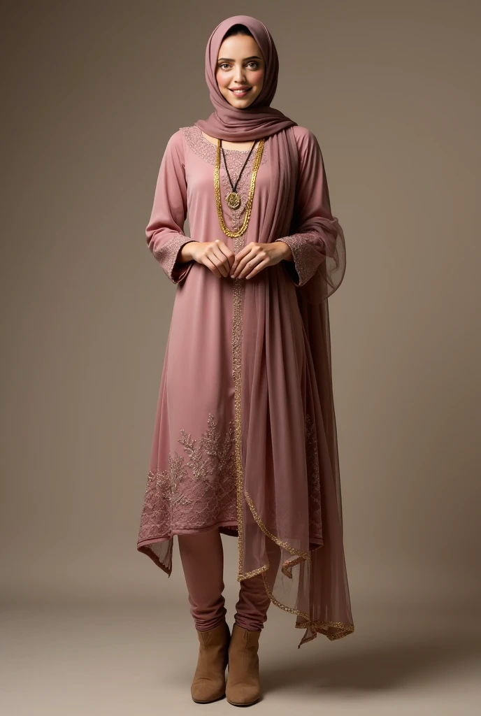 A beautiful woman is dressed in an elegant designer Salwar Kameez paired with fitted leggings. She wears a stunning, tight hijab that gracefully covers her head and hair, with the Salwar Kameez veil draped around her neck. Completing her look, she accessor...