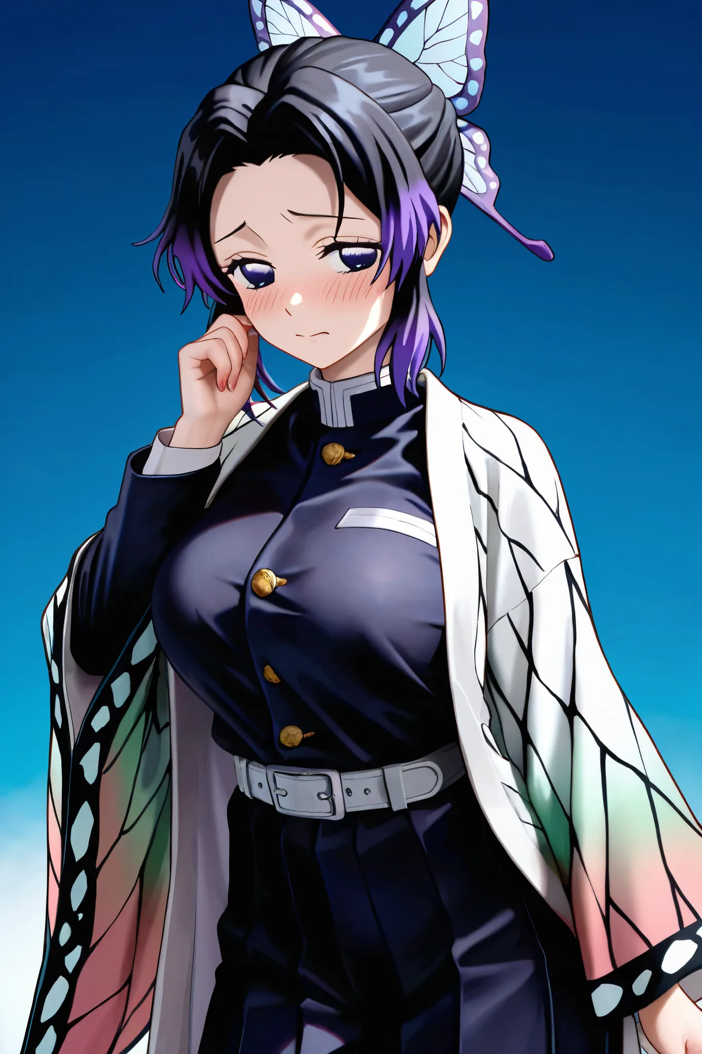 NSFW, Masterpiece, best quality,high resolution, very detailed, shinobu kochou\( Demon Slayer \), black hair、butterfly、butterflyのhair ornaments close to the garden、butterflyのプリント、amount、 gradient hair 、hair ornaments close to the garden、 Uri、 multicolor ha...