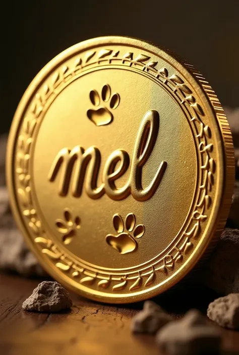 A gold coin with the word "Mel" And some dog prints carved in the center