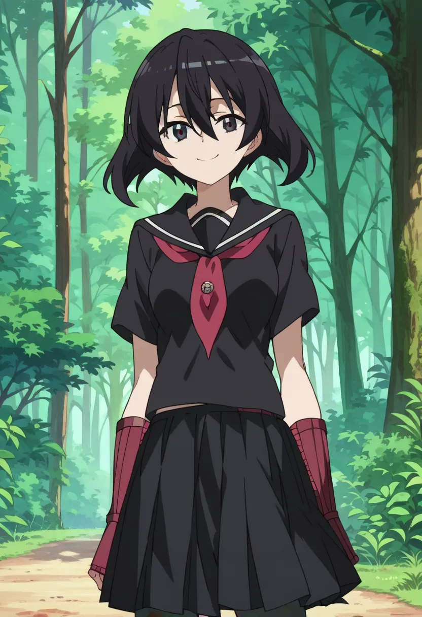 kurome,anime screencap,1girl,solo,school uniform,serafuku,black serafuku,short hair,skirt,outdoors,dark forest,hair between eyes,pantyhose,light smile  