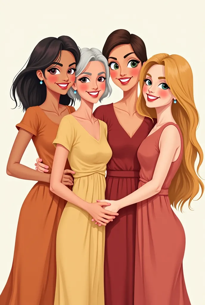 Create an illustration of four women smiling and posing together. Each of them must have different characteristics:

1. 52 year old woman:  very short hair,  smooth and dark brown.  white skin e olhos verdes escuros. Mature and confident expression.

2.  5...