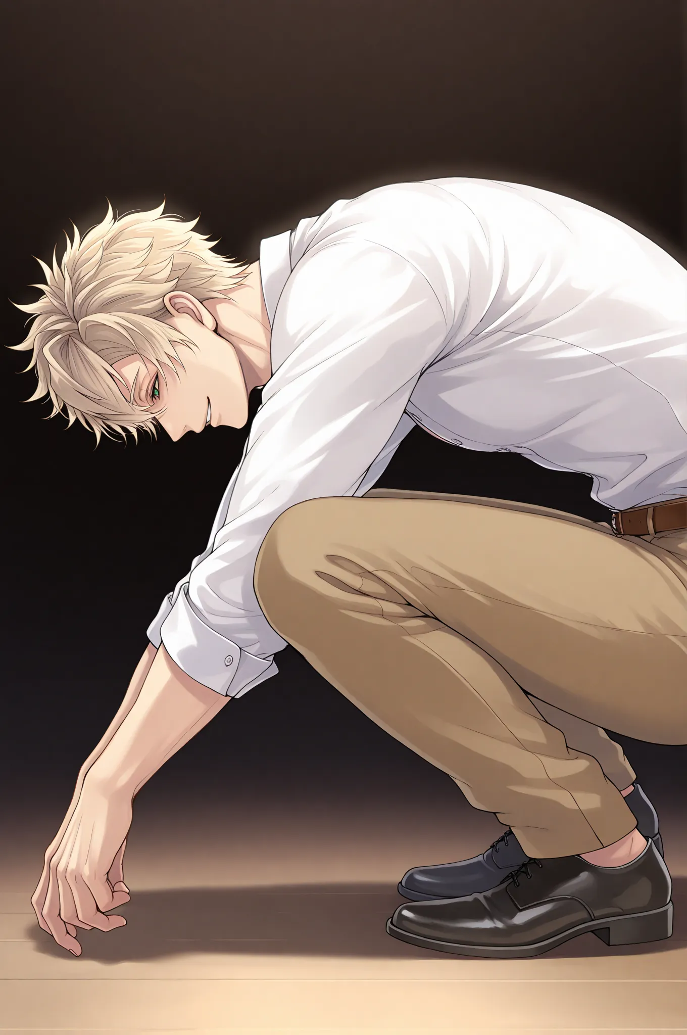 masterpiece, best quality, amazing quality, very aesthetic, vibrant colors, 1boy, male focus, Tokugawa Ieyasu, Ikemen Sengoku, jade green eyes, straw blond, flaxen hair, short hair, sexy man, handsome, mature male, white shirt, pants, black footwear, solo,...