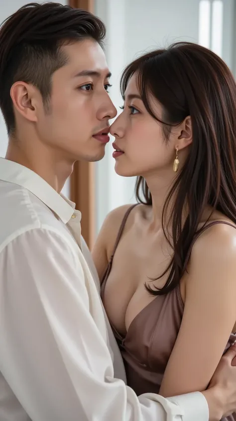 1woman, 1handsome man, ((Pale skins)), close up ratio is 200%size., realistic portrait photo, soft white spot light, completely her face is in photo, side view,  Beautiful and young, bust up photo, funny Face, She wears a shiny sexy dress., Focus on her fa...