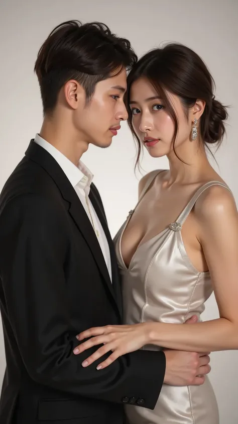 1woman, 1handsome man, ((Pale skins)), close up ratio is 200%size., realistic portrait photo, soft white spot light, completely her face is in photo, side view,  Beautiful and young, bust up photo, funny Face, She wears a shiny sexy dress., Focus on her fa...