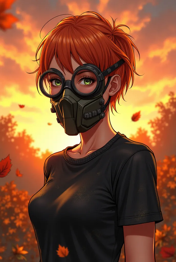 20 years old woman in a very dusty black t-shirt, very short hair orange color, round welding goggles on eyes, fabric mask on face, sunset, autumn, anime.