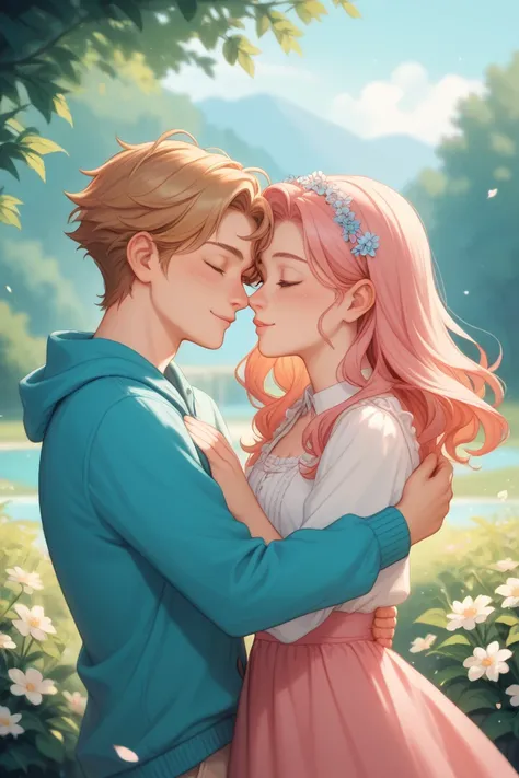 two young men with soft features and stylish hair. One is standing outside a large, transparent bubble, while the other is fully inside it, gazing at him with a warm, affectionate look. The scene has a dreamy, pastel-colored background with gentle sparkles...