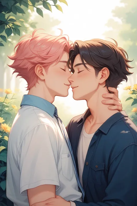 two young men with soft features and stylish hair. One is standing outside a large, transparent bubble, while the other is fully inside it, gazing at him with a warm, affectionate look. The scene has a dreamy, pastel-colored background with gentle sparkles...