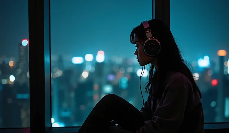 Sci-fi image of a young Thai woman sitting in headphones by the window, in a gloomy mood, with the lights of the city