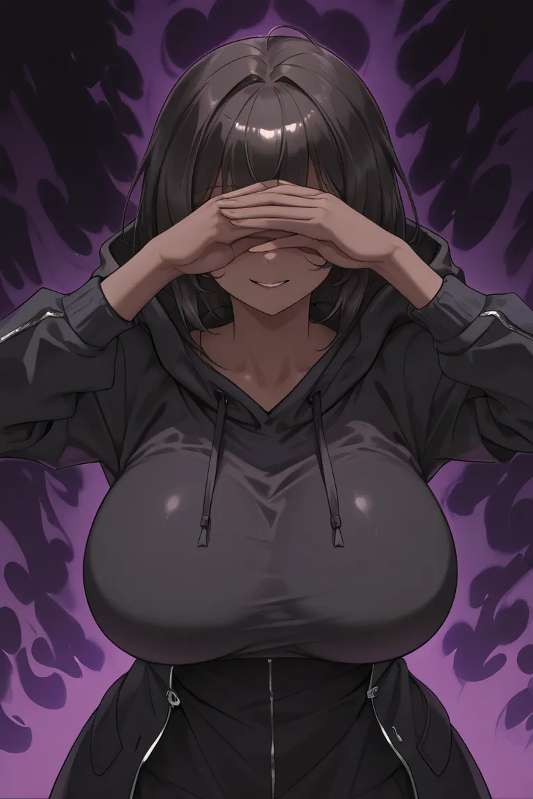 A dark girl,  big breasts, Black hoodie covering the eyes, black coat, Hands in front of the spectator,  mischievous smile, Purple aura