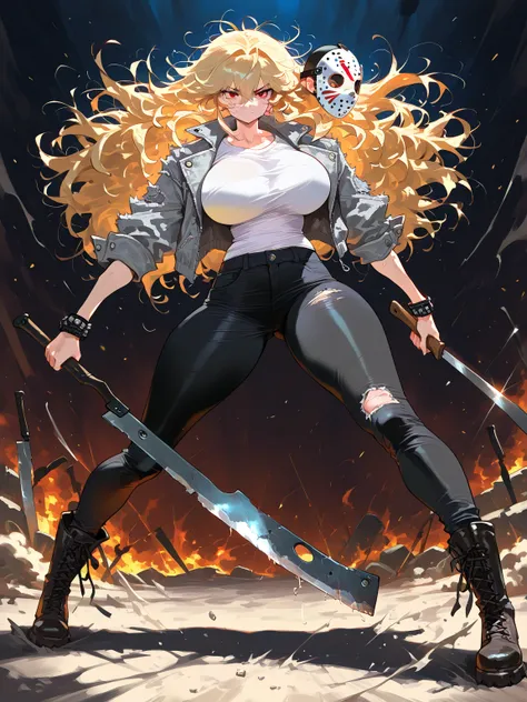 1girl, solo, Grey Ripped Jacket, Jason Vorhees Girl , hockey mask, boots,  black pants,  big breasts, machete, long hair, messy hair, blonde hair, red eyes, white shirt