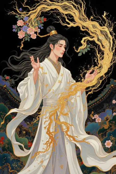 handsome Chinese standing in the air, writing calligraphy, flowing Gold transparent scroll, floating Gold transparent Chinese characters, dynamic action style, swirl background is a study room Chinese epic style, traditional animation top light, deep black...