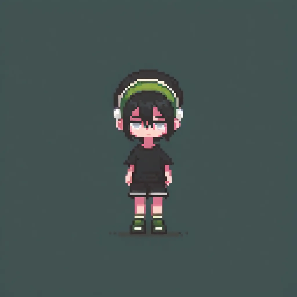 no lineart,no outline, 1girl, toph, bangs, black hair, blind, grey eyes, hair between eyes, hair bun, hairband, short hair , Pixel Art