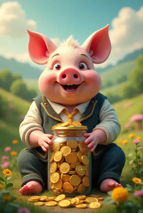 Draw me a picture of a pig sitting holding a jar of gold