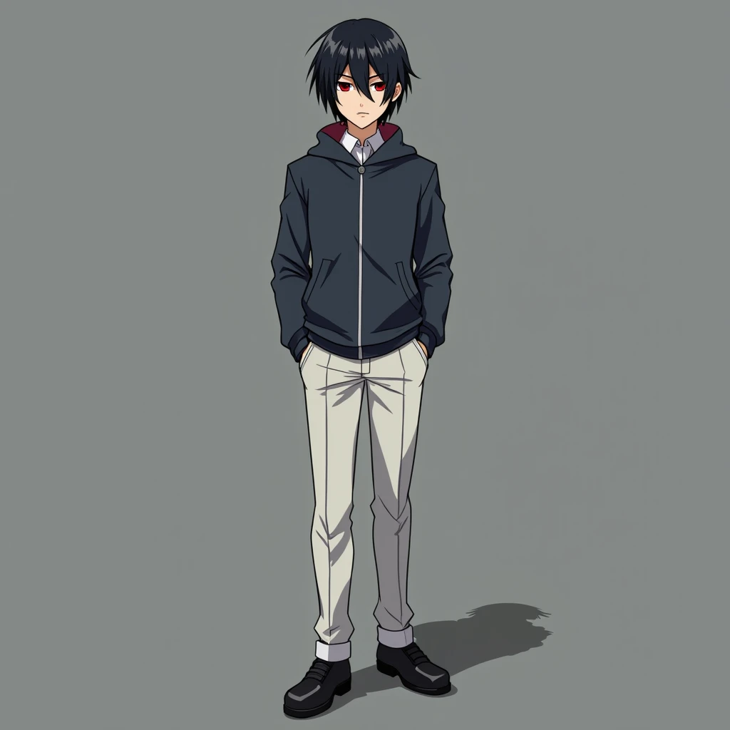 anime guy, dark black hair, dark red eyes, dark blue school jacket, white school pants,black shoes, anime style, He stands tall, he stands tall,anime,the  hair covers the ears,anime