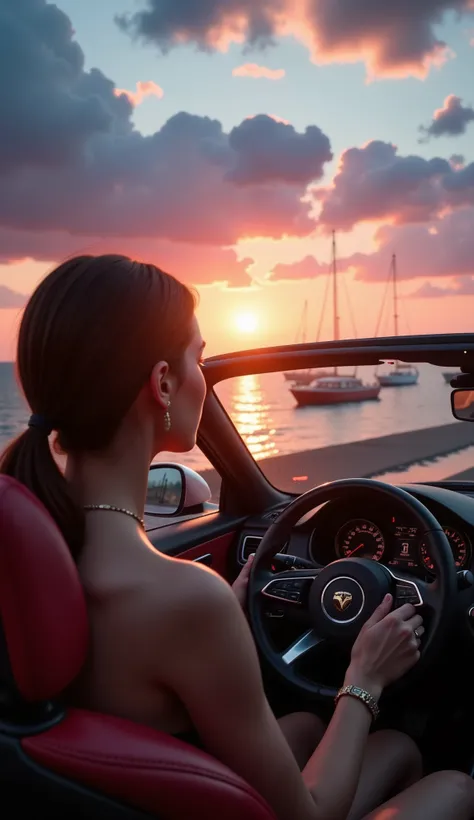 Road trip in a convertible car at sunset:1.31, Grand general plan self seen in profile:1.3, centered image you can see the horizon and in the distance how the sun goes down at dusk, dreamlike beautiful image, the background is blurred by speed, in the dist...