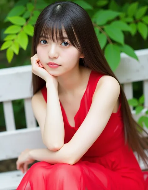 Facial close-up, This is a photograph of a young woman named Asuka with long, straight, hair, styled with blunt bangs. She has fair skin and a delicate, youthful face with subtle makeup, including light pink lipstick. Her eyes are soft and brown, and she h...