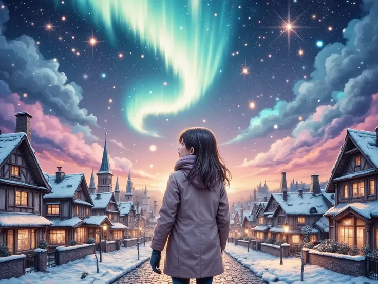 A realistic hyper-detailed painting of a girl wrapped in a thick winter coat,her behind shot,her sees the Aurora, scarf, and gloves, standing on a snowy cobblestone street, gazing up in awe at a mesmerizing aurora stretching across the night sky. The soft ...