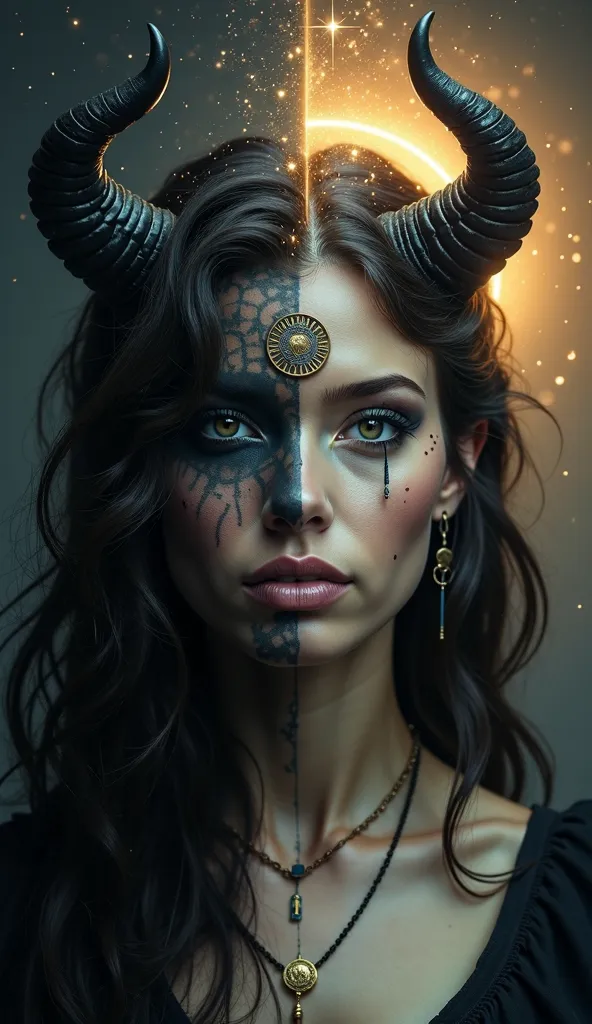 A highly realistic depiction of a mystical woman with dual personalities portrayed in one face. The left half of her face embodies darkness and mystery, featuring sharp, devil-like horns, dark makeup with intricate symbols, and piercing, shadowed eyes. The...