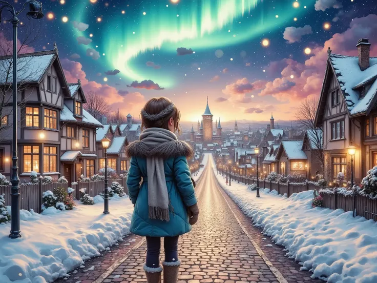 A realistic hyper-detailed painting of a girl wrapped in a thick winter coat,her behind shot,her sees the Aurora, scarf, and gloves, standing on a snowy cobblestone street, gazing up in awe at a mesmerizing aurora stretching across the night sky. The soft ...