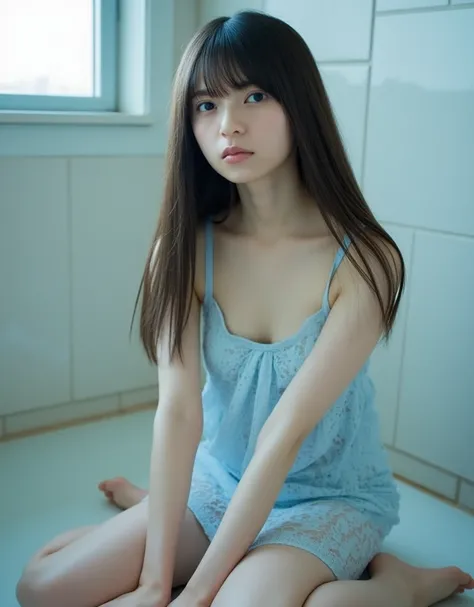 The image is a portrait of a young woman named Asuka sitting on the floor in a bathroom. She is wearing a light blue lace dress. She has long straight hair with bangs, and she is looking directly at the camera with a serious expression. The background is a...