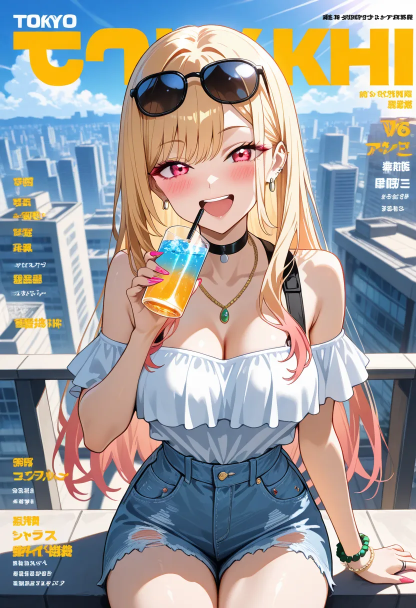 Marin Kitagawa, long hair, blonde hair, light pink ombre hair, red eyes, casual summer fashion, lightweight off-shoulder top, high-waisted denim shorts, sunglasses resting on head, sitting on a rooftop ledge, holding a cold drink, laughing with flushed che...