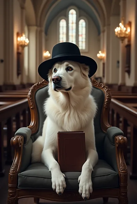 Create image of a white German shepherd dog sitting in an antique chair with a bible in his hand with a black hat against the background of a church 