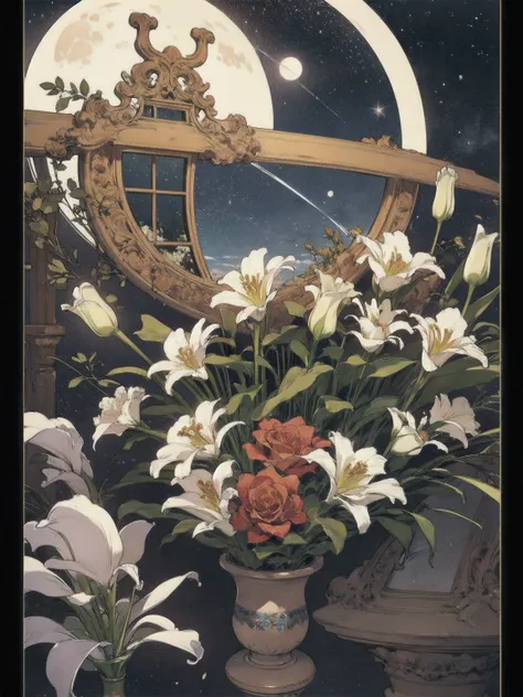 A beautiful bouquet of roses and lilies in a ceramic vase, Red and white colors, Comfortable rooms, wreath, Open window, Moon and Stars,  evening,  Comfortable Atmosphere   