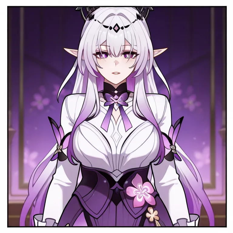 Castorice from Honkai Star Rail. palid skinned adult woman slanted violet eyes lips serius, elf ears, bright white shoulder-lenght straight white hair and two tied back long hair violet locks, She uses a black crown with purple little gens decals, purple a...