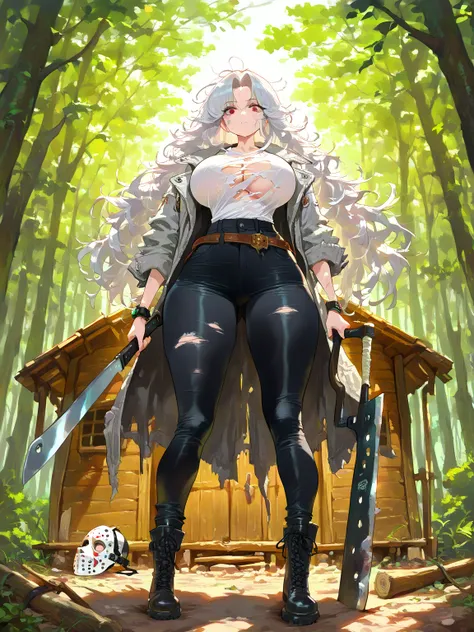 (masterpiece, best quality, amazing quality, very aesthetic), forest, wooden cabin, 1girl, \(solo, Grey Ripped Jacket, Jason Vorhees Girl , using a hockey mask, boots, black pants, big breasts, [machete], long hair, messy hair, silver hair, parted bangs, r...