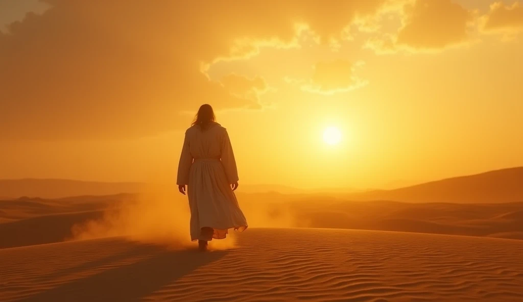 "A dramatic shot of a vast, open desert landscape under a golden sunrise. In the distance, a lone figure dressed in traditional biblical robes walks purposefully, symbolizing the weight of an untold but powerful story. The wind lightly shifts the sand, cre...