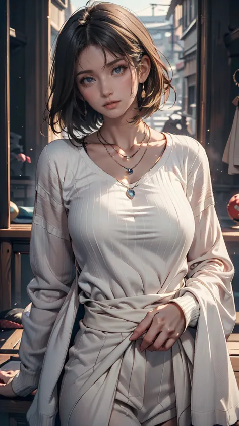 ( best quality, 8k, 32K,  masterpiece,  super high resolution:1.2), images of cute Japanese women,  big breasts, very short bob hair, upper body,(Oversized_  sweater ,:1.1)  necklace,  simple background ,  look around