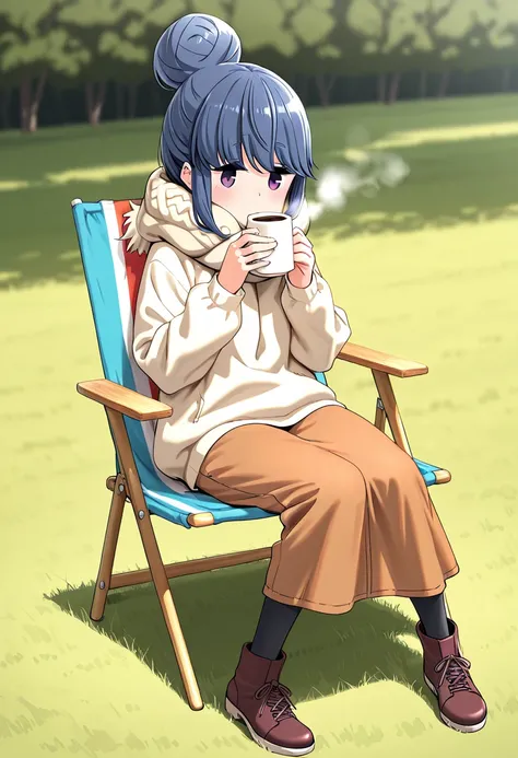 8k resolution ,master piece, best quality, shima rin, yurucamp , drinking coffee in mag, campchair, sitting on chair, solo, full body,