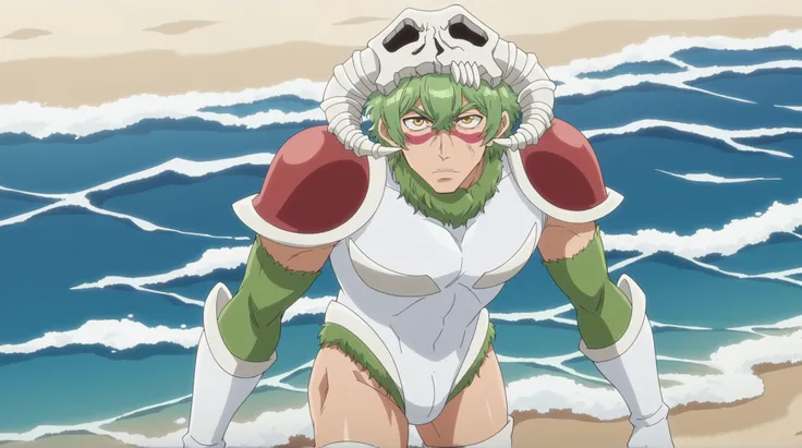 score_9, score_8_up, score_7_up, source_anime, male version, nelliel tu odelschwanck, short hair, Handsome male , facial mark, yellow eyes, mature male, anime screencap, thighhighs, armor, leotard, skull,, beach, sand, waves, sun, ocean, , leaning forward,...