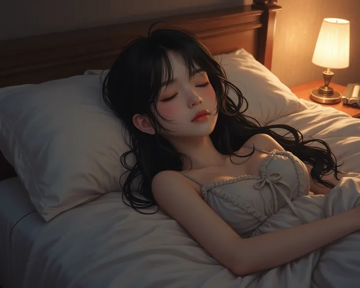 Night Scenario，full body shot,An oriental beauty lazily lies on the bed，with eyes closed，Textured bed sheet，Differs shine，Light from the desk lamp by the window， 1 Girl , long hair, High Resolution, Anatomically correct, Very Detailed, detail,  Textured Sk...